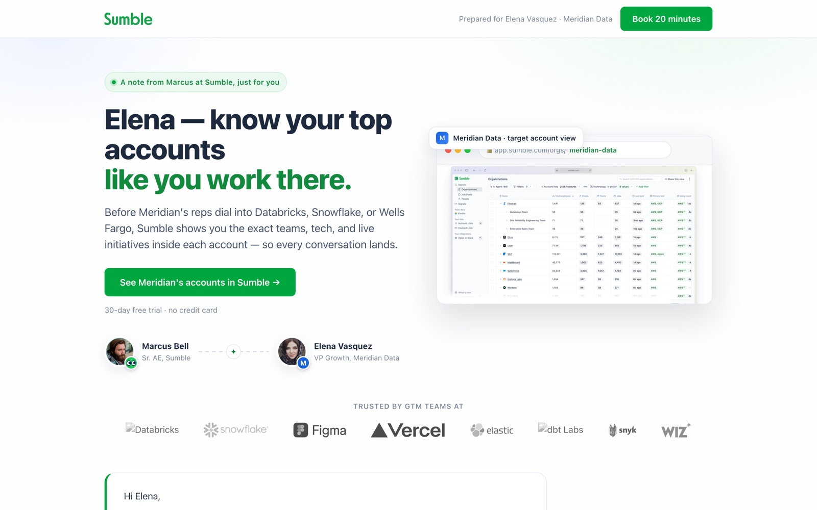 A personalized 1:1 page built for Elena at Meridian Data