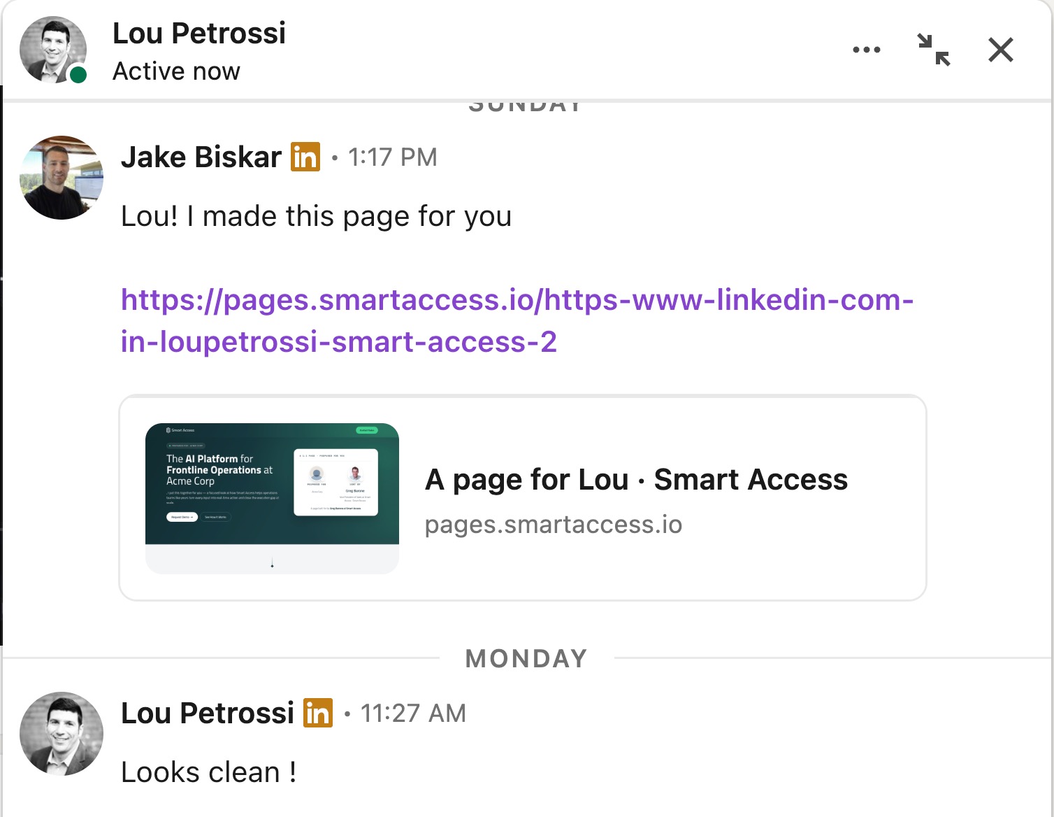 LinkedIn conversation: a Landit page shared with a buyer who replies 'Looks clean!'